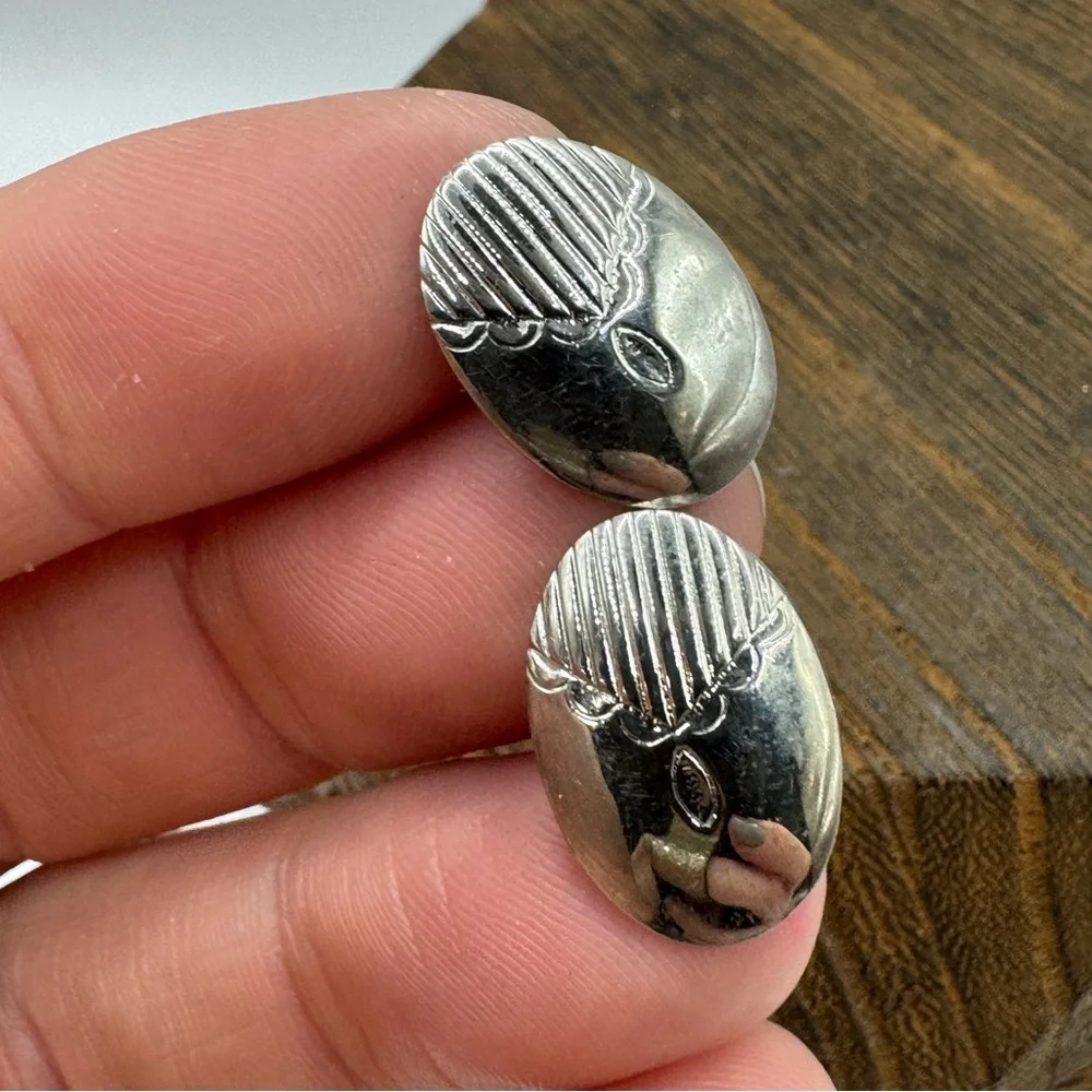 vintage silver tone cuff links etched design oval MCM dapper wedding formal